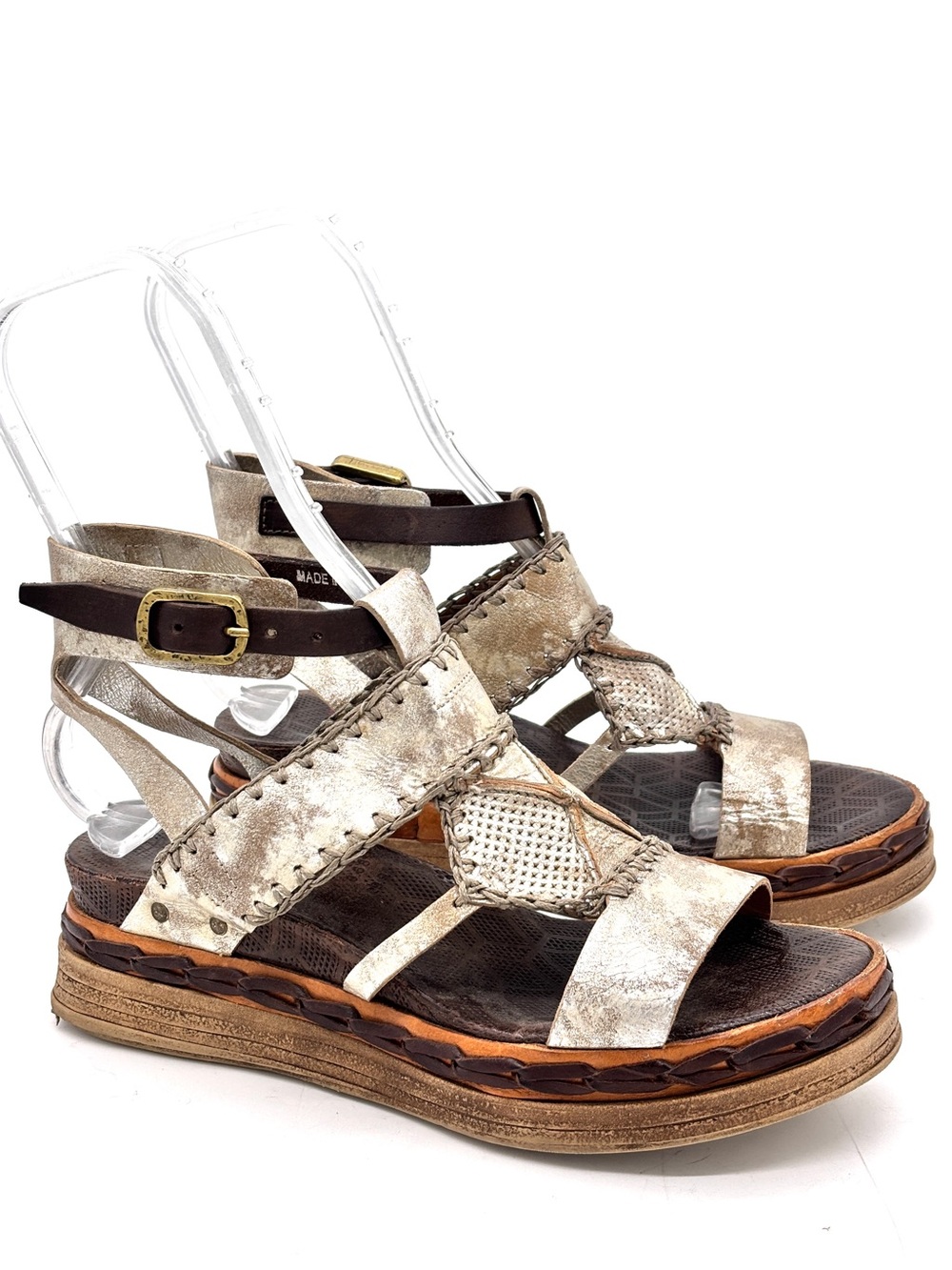 A.S.98 Lagos Silver Gold Distressed Leather Platform Sandals